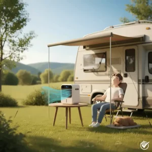 A portable air cooler used outside an RV near an awning to provide a cool breeze while camping.