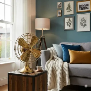 A vintage fan used as a decorative element in a cozy living room, blending classic style with modern comfort.