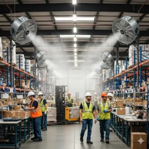 A large warehouse space being effectively cooled by multiple industrial misting fans, improving working conditions.