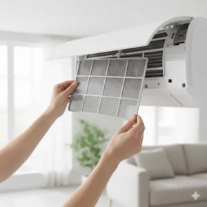 Image demonstrating how to remove the easy-to-clean, washable air filter from the front of a 28,000 BTU cooling unit.