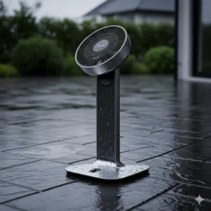 A waterproof outdoor pedestal fan standing on a damp patio after a light rain shower.