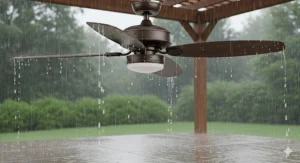 A durable, wet-rated 20-inch ceiling fan designed for direct exposure to rain on an open patio.