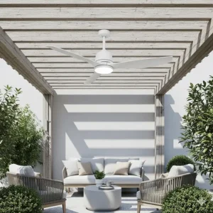 A clean, white 48-inch outdoor ceiling fan mounted on a pergola, complementing the neutral tones of the outdoor space.