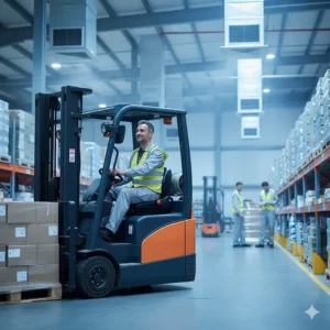 A warehouse worker comfortably operating a forklift in a properly cooled facility, highlighting improved working conditions.