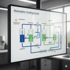 Technical diagram illustrating the absorption cooling cycle used in a gas air conditioner system.