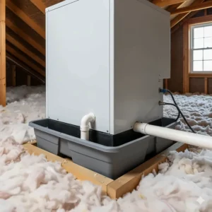 A properly installed secondary drain pan under an attic air conditioner to catch overflow condensation.
