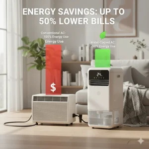 Bar graph comparing the significantly lower energy consumption (up to 50%) of a water cooled air conditioner versus a traditional compressor-based AC unit.