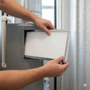 Hand replacing a clean air filter in a mobile home air conditioner or HVAC system for maintenance and better air quality.