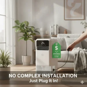 Image showing a water-cooled air conditioner being plugged into an electrical socket, symbolizing the "no complex installation" benefit.