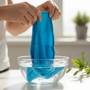 Hands submerging a cooling neck wrap in a bowl of cold water to activate the cooling gel crystals.