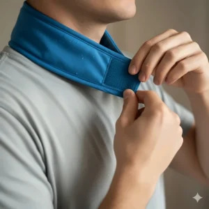 Hands adjusting the velcro or tie on a cooling neck wrap to ensure a comfortable and secure fit.