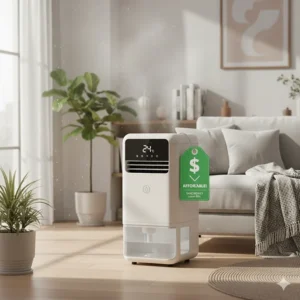 A visual representation of a low price tag next to a water-cooled air conditioner, reinforcing the affordability and cost-saving benefits.