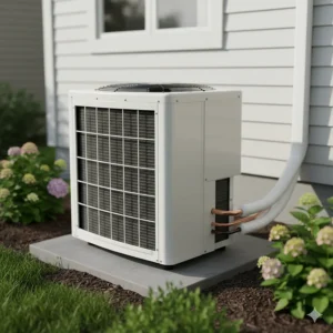 The outdoor air conditioner condenser unit, which works in tandem with the indoor unit in the attic.