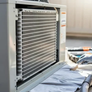 A clean, internal condenser coil of an Amana air conditioner during routine maintenance service.