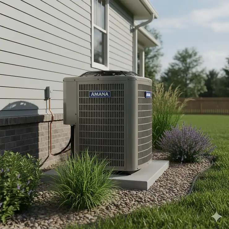 A sleek, modern Amana air conditioner outdoor condenser unit installed next to a home, providing reliable and efficient cooling. air conditioner amana