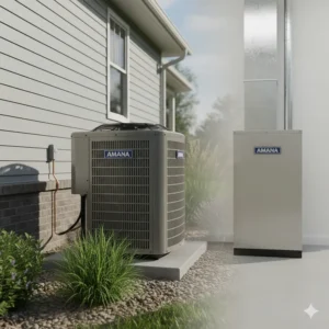 A full system image showing the indoor and outdoor components of an Amana air conditioner heat pump system.