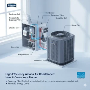Schematic diagram illustrating the inner workings of a high-efficiency Amana air conditioner for homeowners.