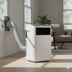 A mobile, Amana portable air conditioner unit with an exhaust hose, ideal for cooling a single room.