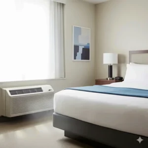 An Amana PTAC air conditioner (Packaged Terminal Air Conditioner) unit discreetly placed in a hotel room wall.