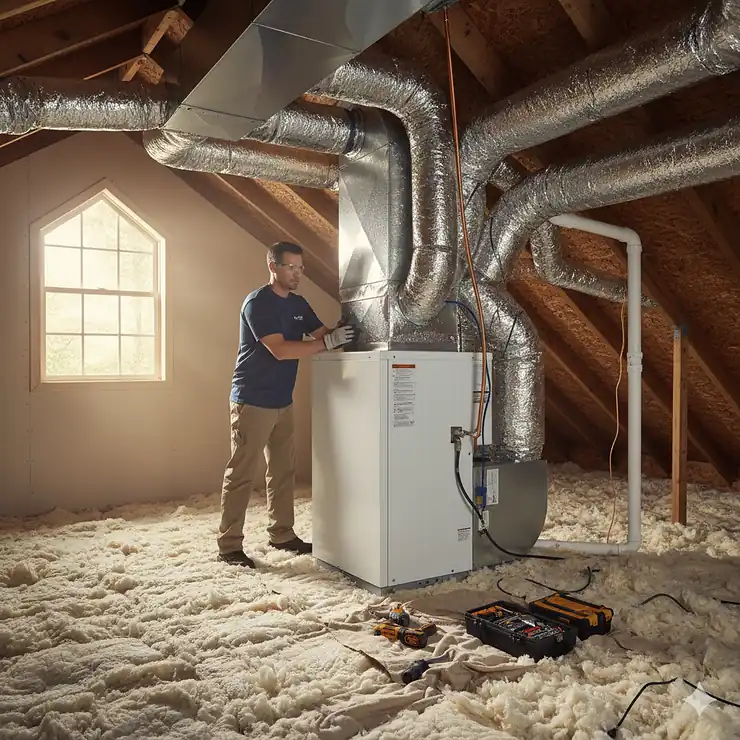 A professional HVAC technician installing a new attic air conditioner unit in a home's insulated attic space.