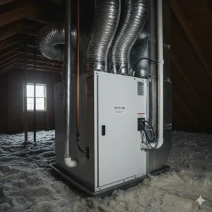 Close-up view of a modern, high-efficiency attic air handler unit used for central air conditioning.