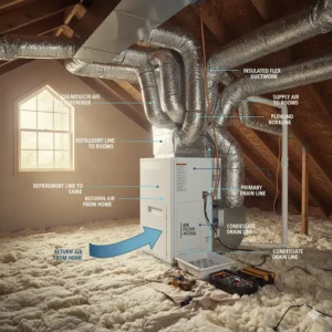 Diagram illustrating the complete attic air conditioner (HVAC) system layout, including the air handler and ductwork.