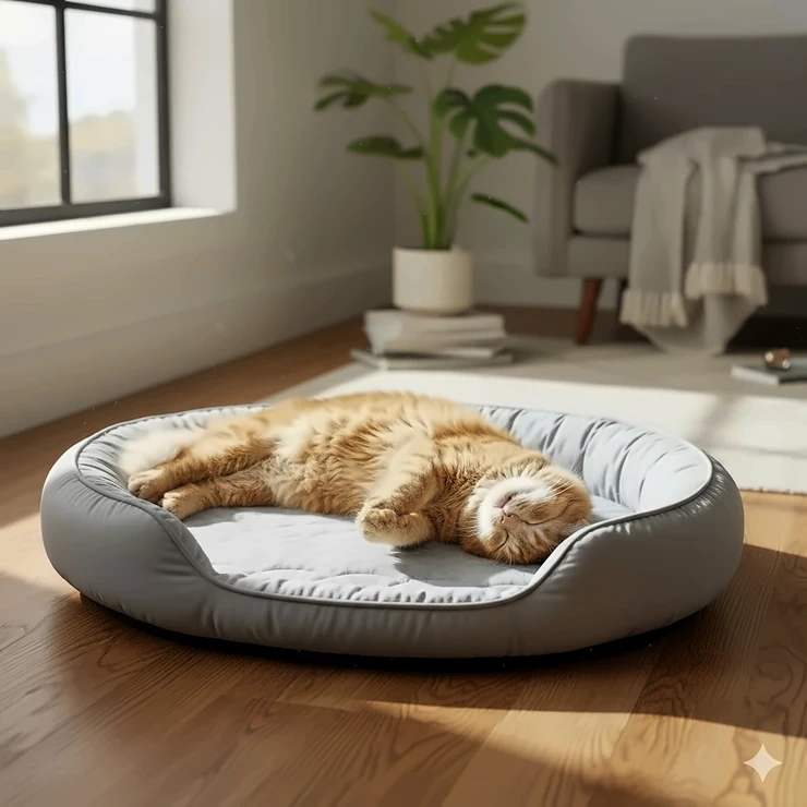 A fluffy orange cat is comfortably stretched out and sleeping on a large, gray cooling cat bed with raised bolsters, suggesting the bed is the best choice for summer heat.