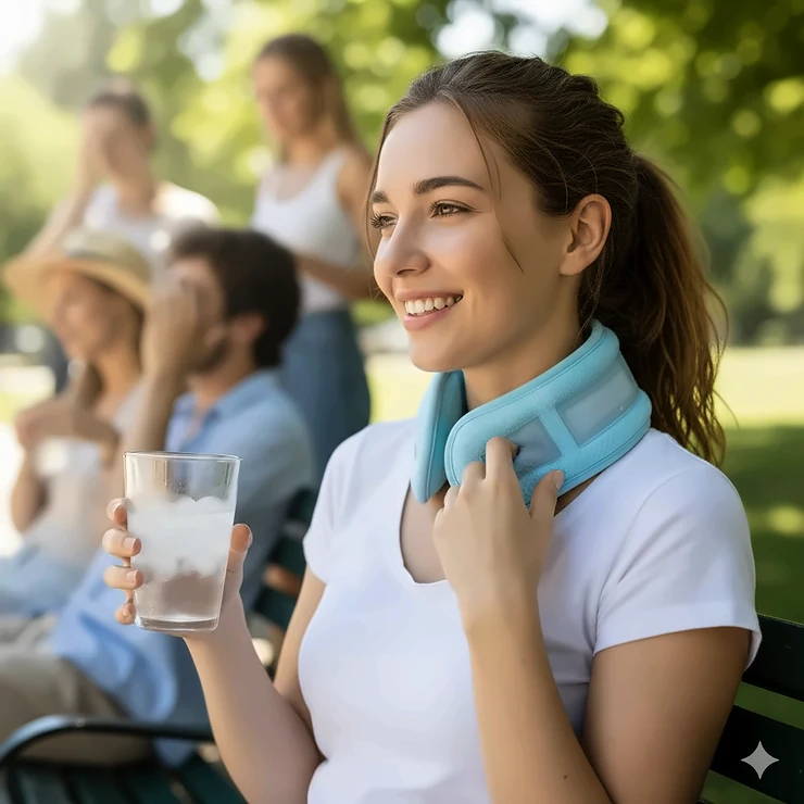 A woman outdoors on a hot day smiling while wearing the best cooling neck wrap to beat the heat.