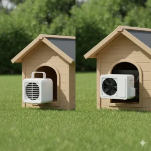 A side-by-side comparison of different types of cooling units, including a small portable dog house air conditioner and a window-style unit.