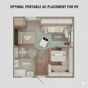 Diagram showing the optimal placement of a portable air conditioner unit within a typical RV floor plan for maximum cooling.