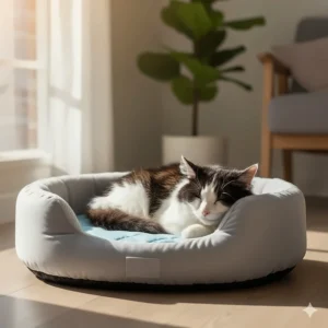A black and white cat is curled up and peacefully asleep in a round cooling cat bed, demonstrating comfort on a hot day.