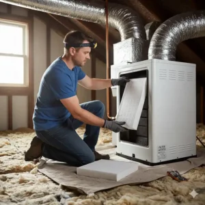 Homeowner easily replacing the air filter in the access panel of their attic air conditioner system.