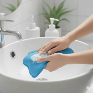 Diagram illustrating the gentle hand-washing process for cleaning a cooling neck wrap with mild soap.