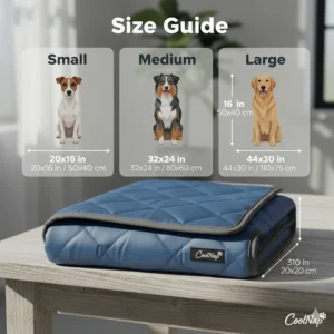 Size guide chart illustrating the dimensions for small, medium, and large dog cool blankets.