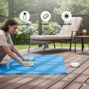 Graphic illustrating how to easily clean and care for a large, self-cooling dog mat.