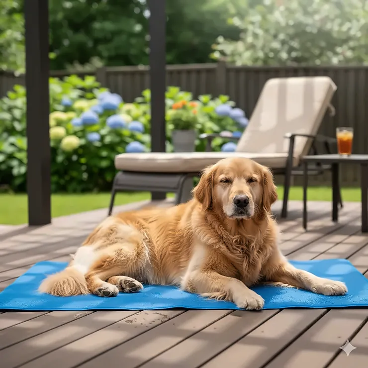 Large dog comfortably lying on a cooling mat in the summer heat.
