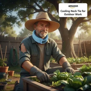Worker wearing an adjustable cooling neck tie while gardening or working outdoors, offering hands-free heat protection from Amazon.
