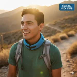 A hiker wearing a lightweight cooling neck wrap for relief from the heat while on the trail, demonstrating a common outdoor use case from Amazon.