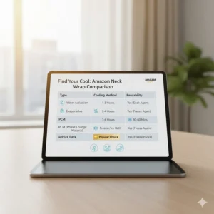 Chart comparing the cooling duration and reusability of different types of cooling neck wraps offered on Amazon.