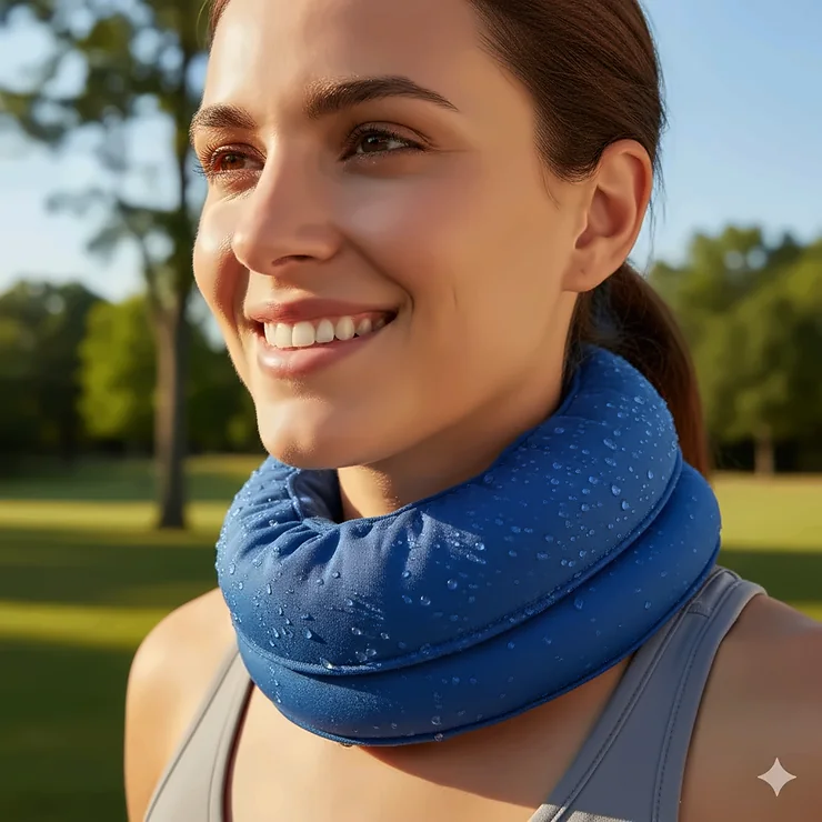 A person smiling while wearing a blue cooling neck wrap on a hot day, demonstrating its ease of use. How to use a cooling neck wrap