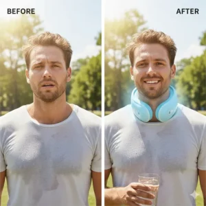 Before and after comparison illustrating the immediate relief provided by a cooling neck wrap on a hot day.