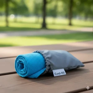 Rolled-up dog cooling towel tucked into a small carry pouch, demonstrating its portability for travel.
