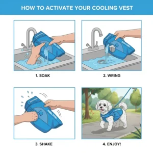 Step-by-step graphic showing how to soak and prepare a dog's evaporative cooling vest before use.