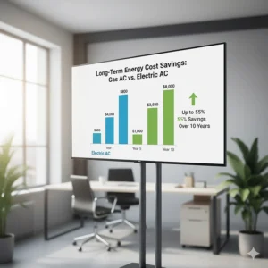 Bar chart comparing the long-term energy cost savings of a gas air conditioner versus a traditional electric AC unit.