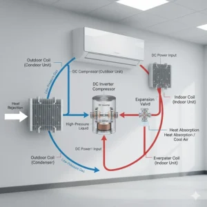 Diagram showing the key components of a DC air conditioner system, including the DC compressor, evaporator, condenser, and expansion valve.