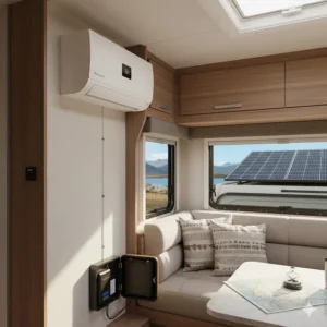 A compact DC current air conditioner installed in an RV or boat cabin, demonstrating its ideal use for mobile and off-grid cooling.