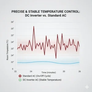 Line graph illustrating the precise and stable temperature control achieved by a DC air conditioner with minimal temperature fluctuations, essential for comfort and sensitive equipment.