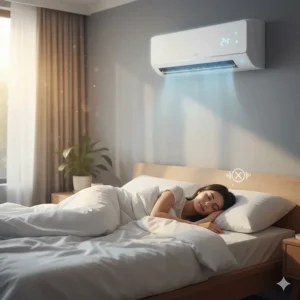 Image of a person sleeping peacefully in a bedroom with a running DC air conditioner indoor unit, emphasizing the benefit of quiet operation from the brushless DC motor.