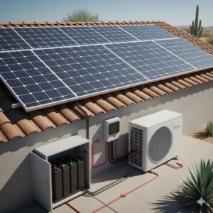 Illustration of a DC current air conditioner directly connected to a solar panel array and a battery bank for off-grid power, highlighting its power compatibility.