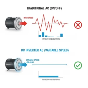 Visual representing the variable speed operation of a DC inverter compressor, showing how it smoothly adjusts speed compared to the fixed on/off cycle of a traditional AC.